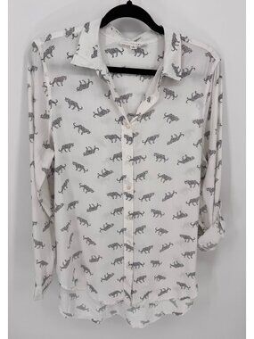 Jane + Delancey White Button-Up Shirt With Black Leopard Print Size M